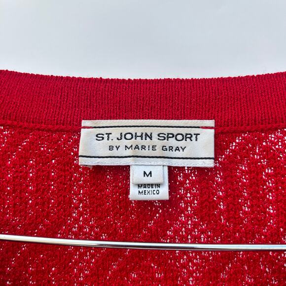 St. John Sport Red V-Neck Sequin Wool Sweater Medium Sparkle Knit Pullover - Picture 4 of 13
